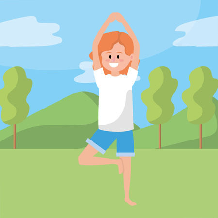 fit woman practicing yoga over nature park cartoon vector illustration graphic designのイラスト素材