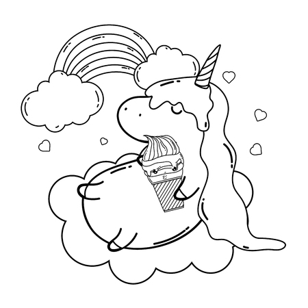 cute unicorn with clouds and rainbow kawaii vector illustration designのイラスト素材