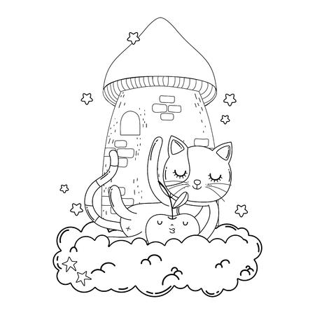 cute cat with apple fresh in cloud vector illustration designのイラスト素材