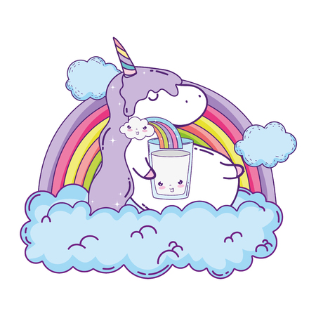 cute unicorn with clouds and rainbow kawaii vector illustration designのイラスト素材