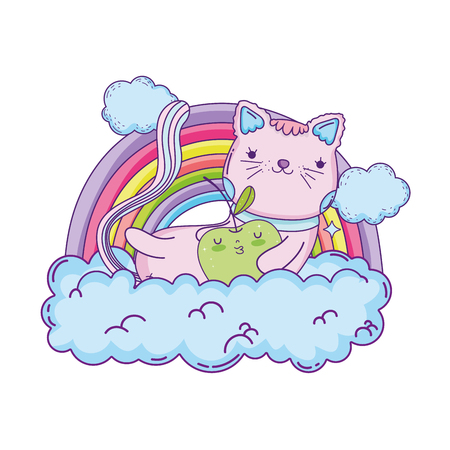 cute cat with apple fresh and rainbow vector illustration designのイラスト素材