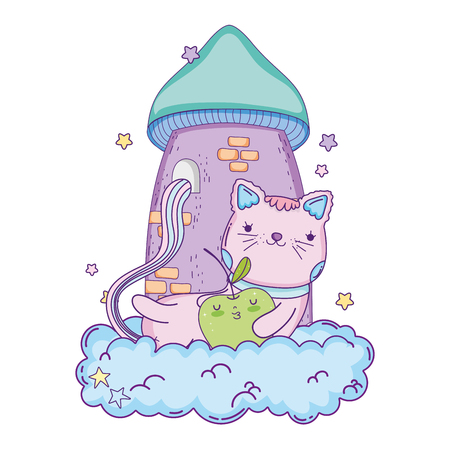 cute cat with apple fresh in cloud vector illustration designのイラスト素材