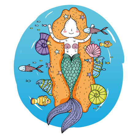 cute mermaid under sea with seaweed vector illustration designのイラスト素材