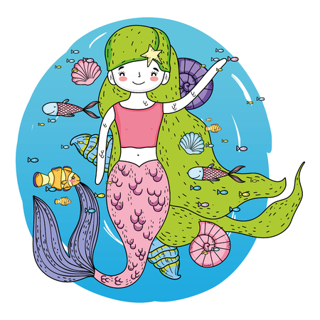 cute mermaid under sea with seaweed vector illustration designのイラスト素材