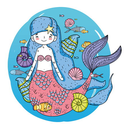 cute mermaid under sea with seaweed vector illustration designのイラスト素材