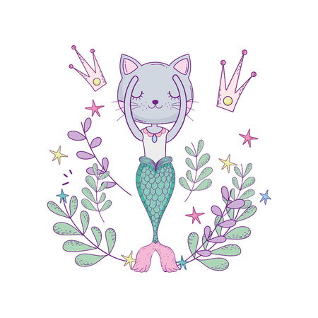 cute purrmaid with crowns and floral decoration vector illustration designのイラスト素材