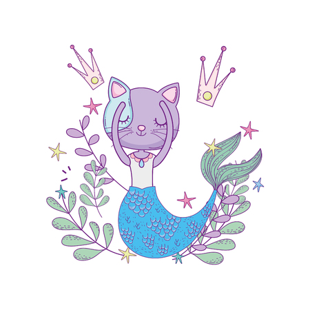 cute purrmaid with crowns and floral decoration vector illustration designのイラスト素材