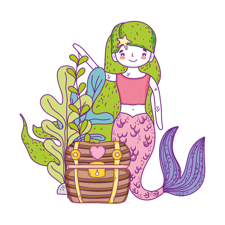 mermaid with treasure chest undersea scene vector illustration designのイラスト素材