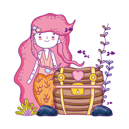 mermaid with treasure chest undersea scene vector illustration designのイラスト素材
