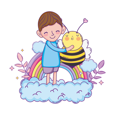 little boy with bee kawaii character vector illustration designのイラスト素材