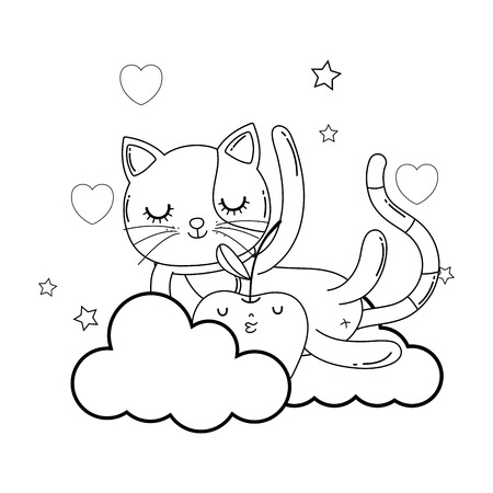 cute cat with apple fresh in cloud vector illustration designのイラスト素材