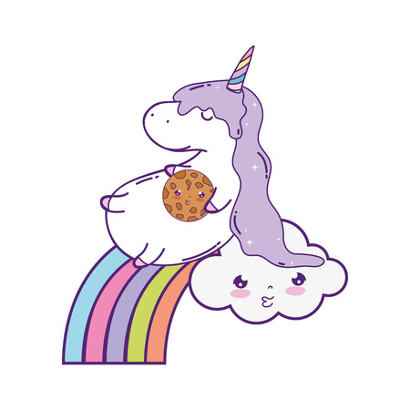 cute unicorn with clouds and rainbow kawaii vector illustration designのイラスト素材