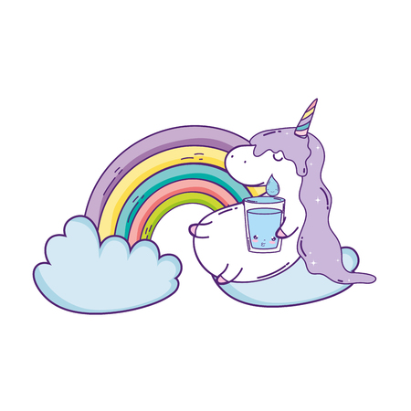 cute unicorn with clouds and rainbow kawaii vector illustration designのイラスト素材