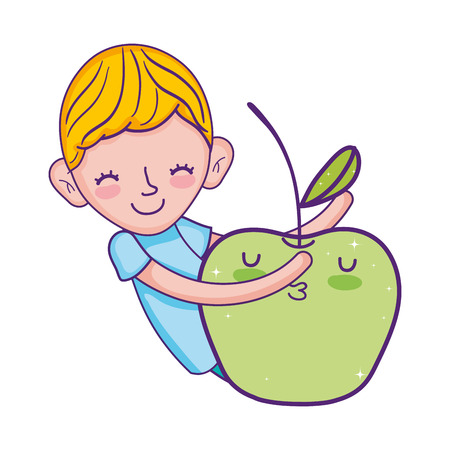 little boy with apple kawaii character vector illustration designのイラスト素材