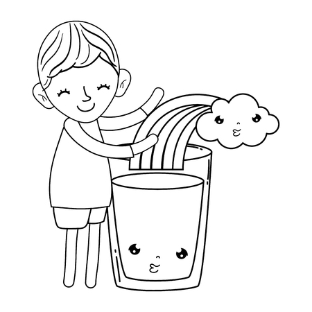 little boy with milk and rainbow kawaii character vector illustration designのイラスト素材