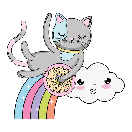 cute cat with donut in rainbow vector illustration designのイラスト素材