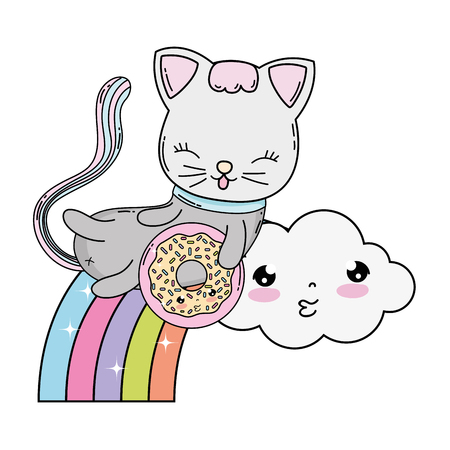 cute cat with donut in rainbow vector illustration designのイラスト素材