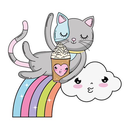 cute cat with ice cream in rainbow vector illustration designのイラスト素材