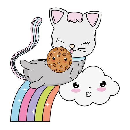 cute cat with cookie in rainbow vector illustration designのイラスト素材