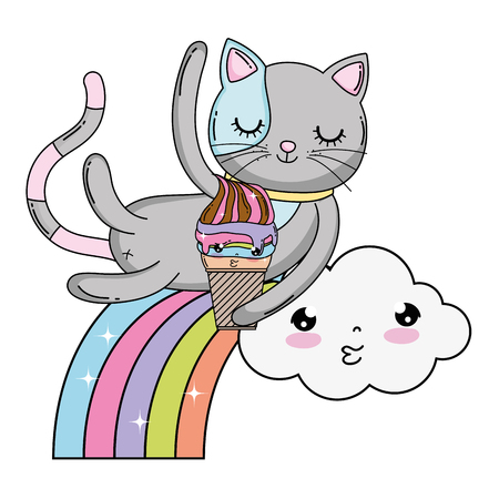 cute cat with ice cream in rainbow vector illustration designのイラスト素材