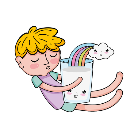 little boy with milk and rainbow kawaii character vector illustration designのイラスト素材