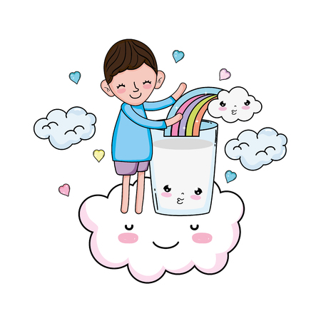 little boy with milk and rainbow kawaii character vector illustration designのイラスト素材
