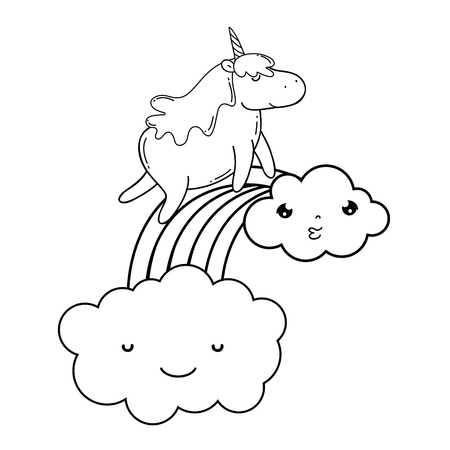 cute unicorn with clouds and rainbow kawaii vector illustration designのイラスト素材