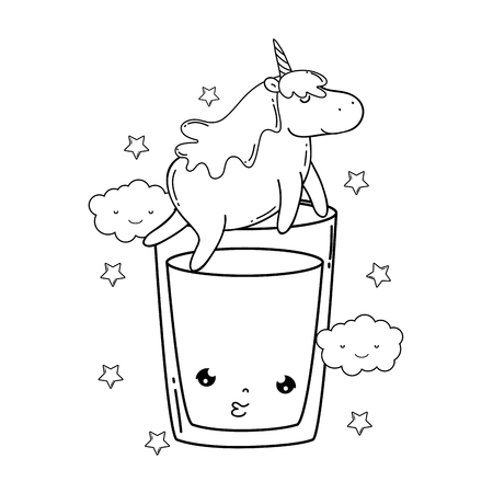 cute unicorn with water glass kawaii vector illustration designのイラスト素材