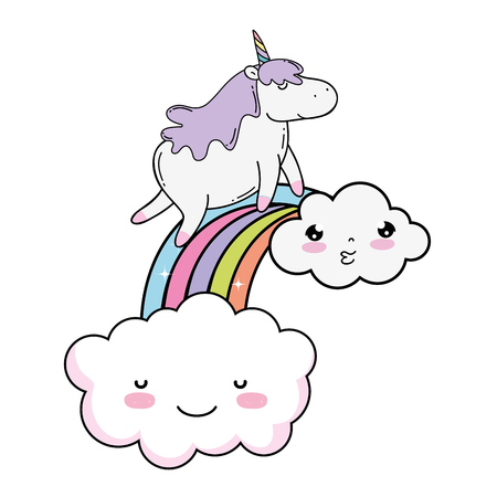 cute unicorn with clouds and rainbow kawaii vector illustration designのイラスト素材