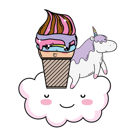 cute ice cream with cloud and unicorn kawaii vector illustration designのイラスト素材