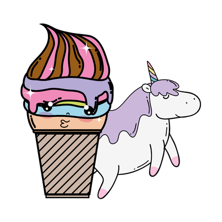 cute unicorn with ice cream kawaii vector illustration designのイラスト素材
