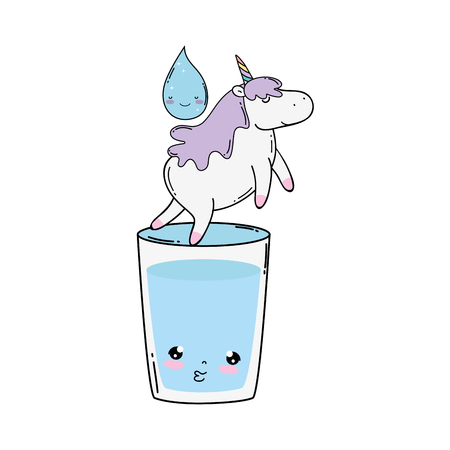 cute unicorn with water glass kawaii vector illustration designのイラスト素材