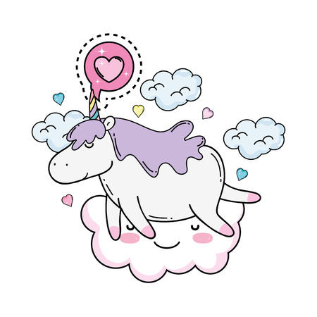 cute unicorn with cloud kawaii character vector illustration designのイラスト素材
