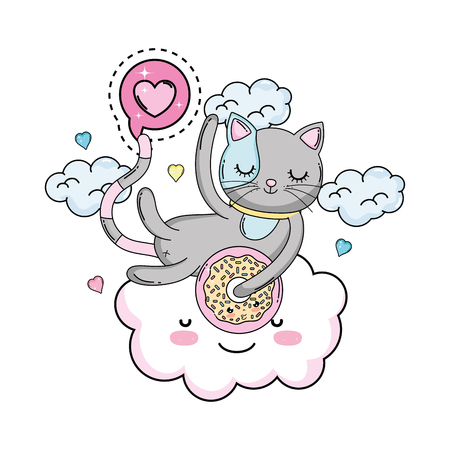 cute cat with donut in cloud vector illustration designのイラスト素材