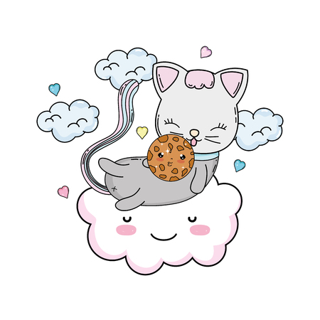 cute cat with cookie in cloud vector illustration designのイラスト素材