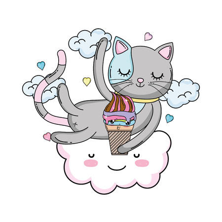 cute cat with ice cream in cloud vector illustration designのイラスト素材