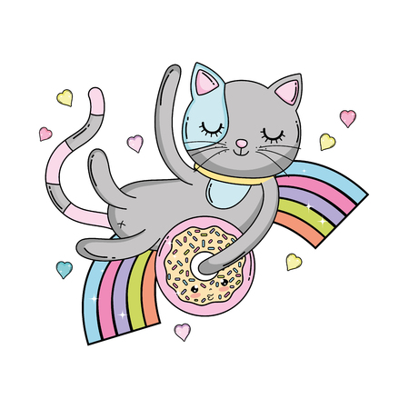 cute cat with donut in rainbow vector illustration designのイラスト素材