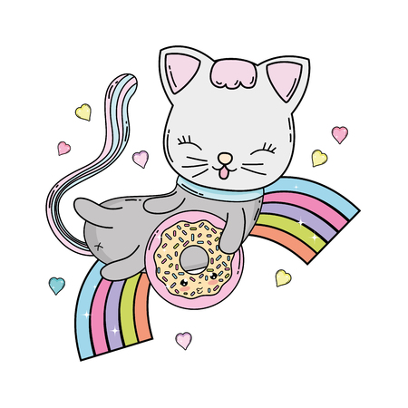 cute cat with donut in rainbow vector illustration designのイラスト素材