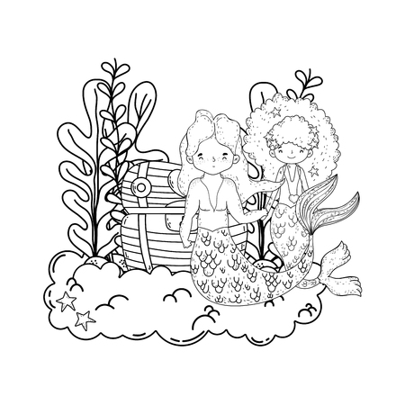couple mermaids with treasure chest undersea vector illustration designのイラスト素材