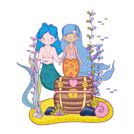 couple mermaids with treasure chest undersea vector illustration designのイラスト素材