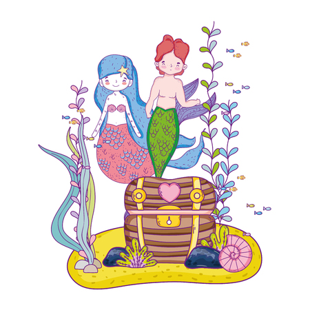 couple mermaids with treasure chest undersea vector illustration designのイラスト素材