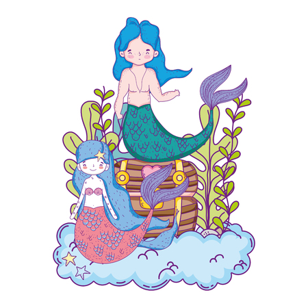 couple mermaids with treasure chest undersea vector illustration designのイラスト素材