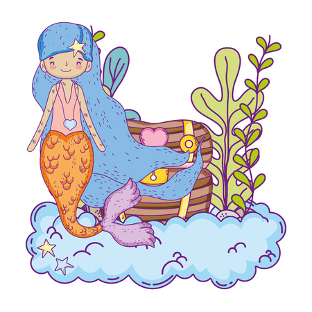 cute mermaid with treasure chest underseaのイラスト素材