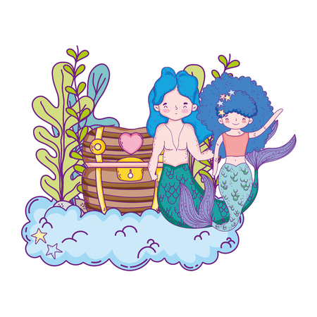 couple mermaids with treasure chest undersea vector illustration designのイラスト素材