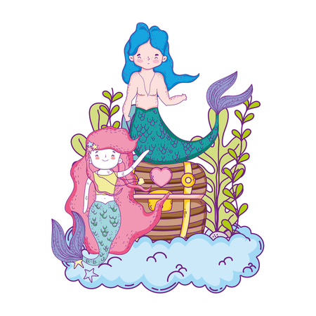 couple mermaids with treasure chest undersea vector illustration designのイラスト素材