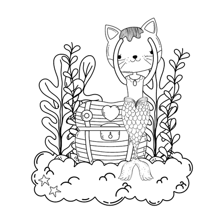 cute purrmaid with treasure chest vector illustration designのイラスト素材