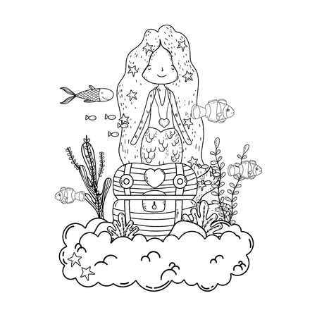 mermaid with treasure chest undersea scene vector illustration designのイラスト素材