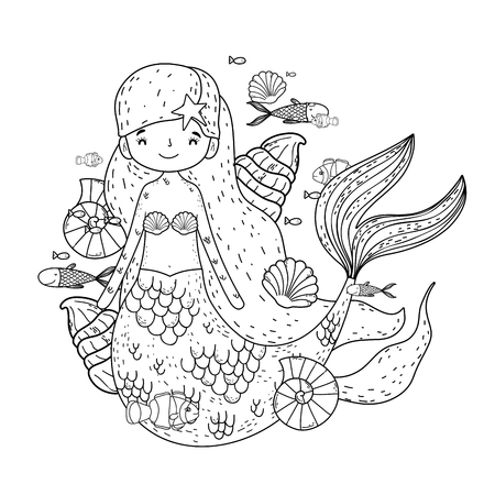 cute mermaid under sea with seaweed vector illustration designのイラスト素材