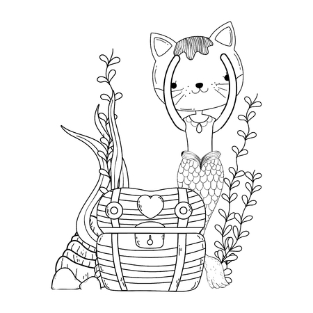 cute purrmaid with treasure chest vector illustration designのイラスト素材