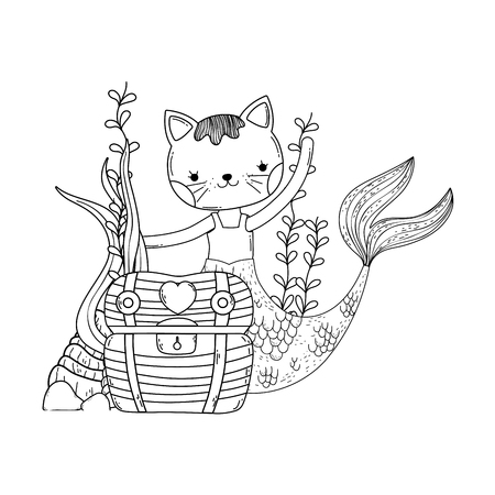 cute purrmaid with treasure chest vector illustration designのイラスト素材